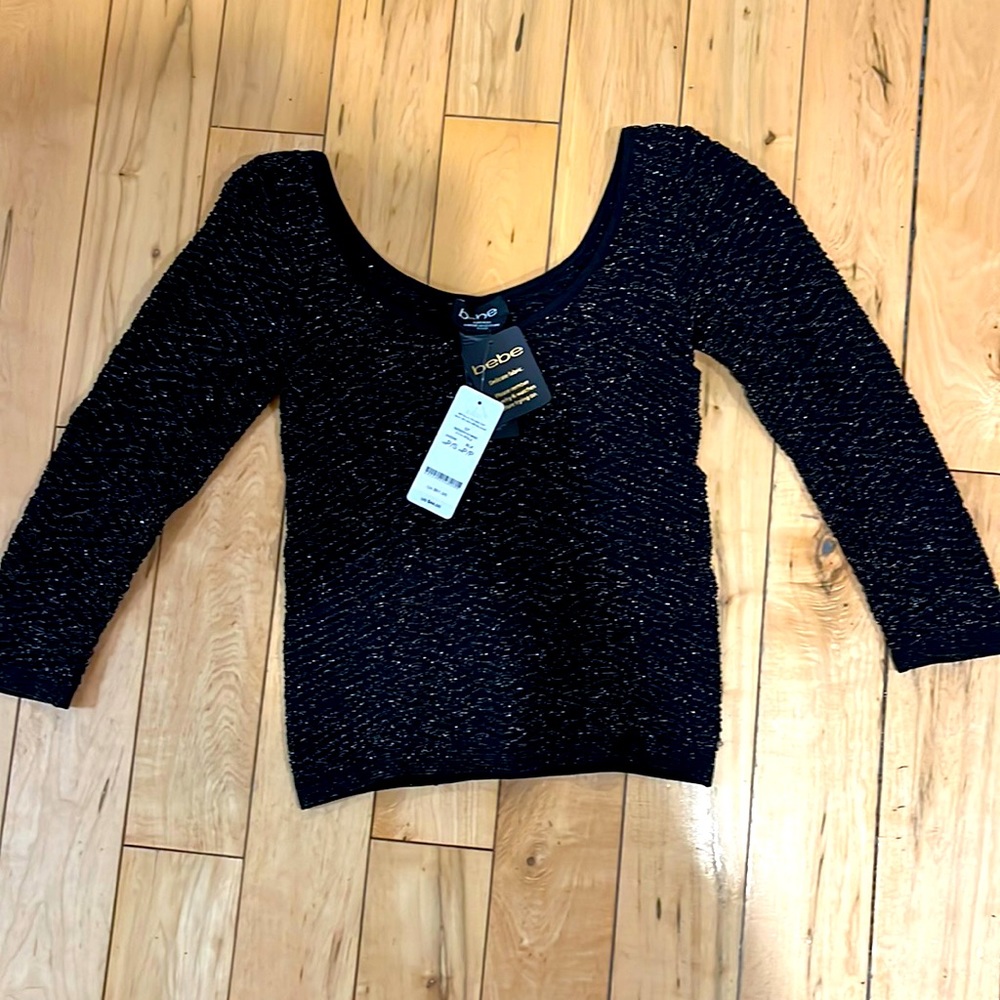 BEBE brand new metallic zigzag gold black crop top sweater! NeverWorn w/tag